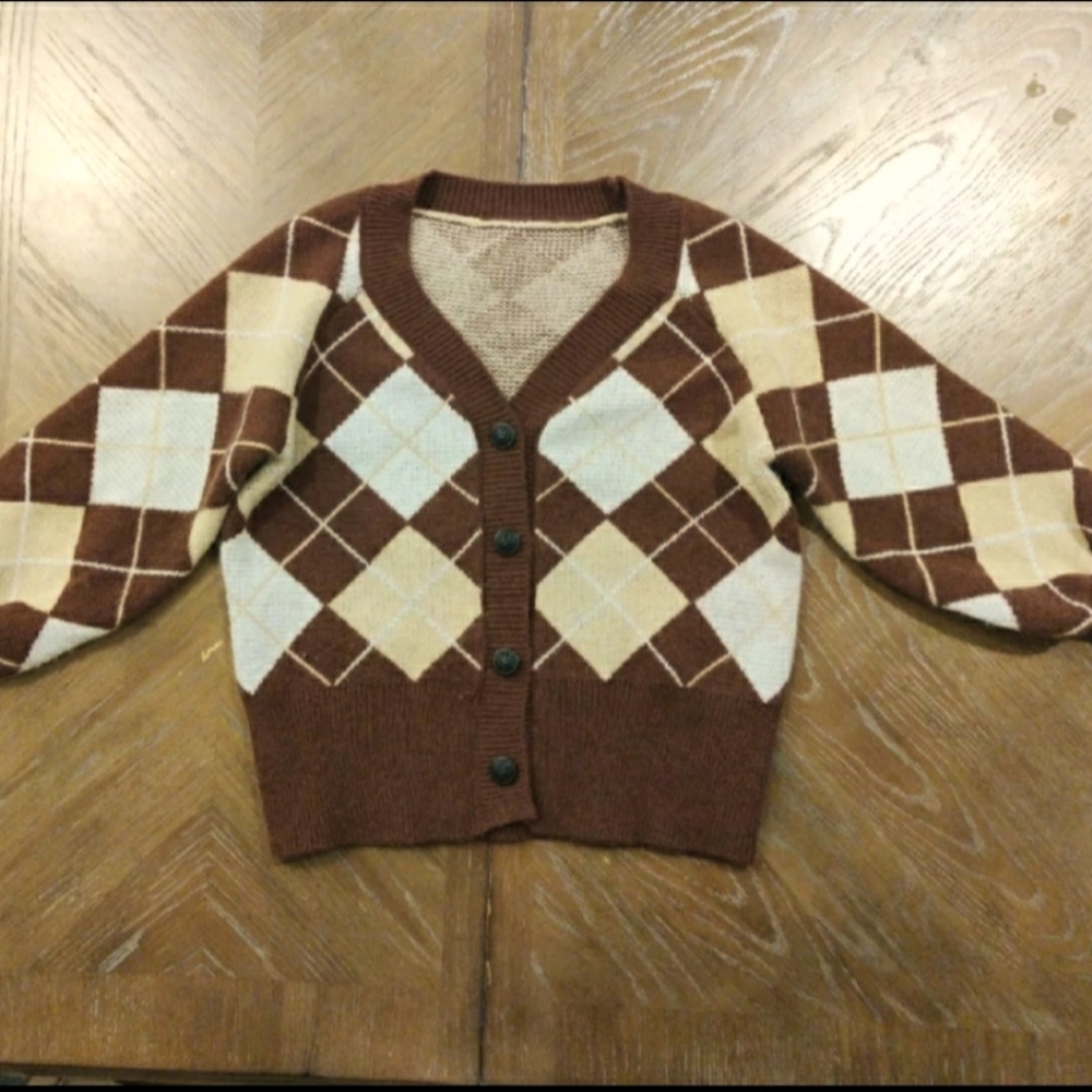 Brown checkered print button down sweater